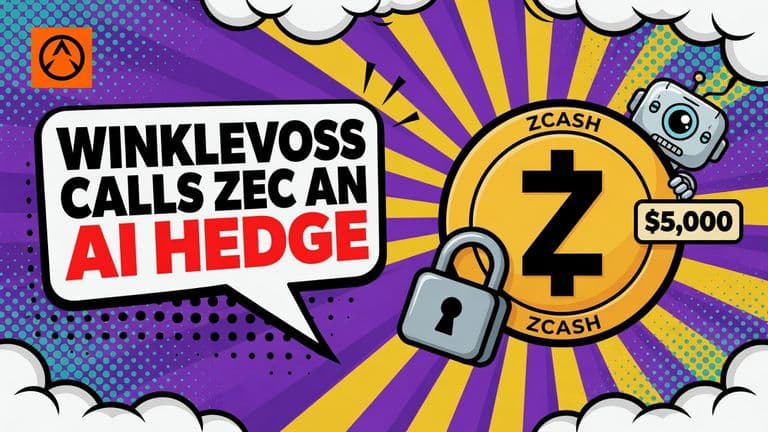 A large Zcash coin protected by a padlock while a cartoon robot head peers at it from behind, on a bold comic sunburst.