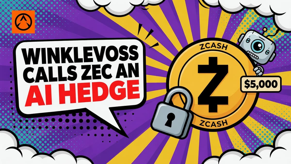 A large Zcash coin protected by a padlock while a cartoon robot head peers at it from behind, on a bold comic sunburst.