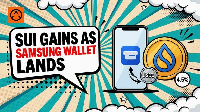 A comic-style smartphone showing the Samsung Wallet logo next to a large Sui coin, with a dollar coin and an arrow passing between them.