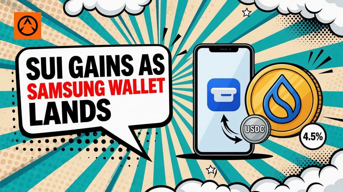 A comic-style smartphone showing the Samsung Wallet logo next to a large Sui coin, with a dollar coin and an arrow passing between them.