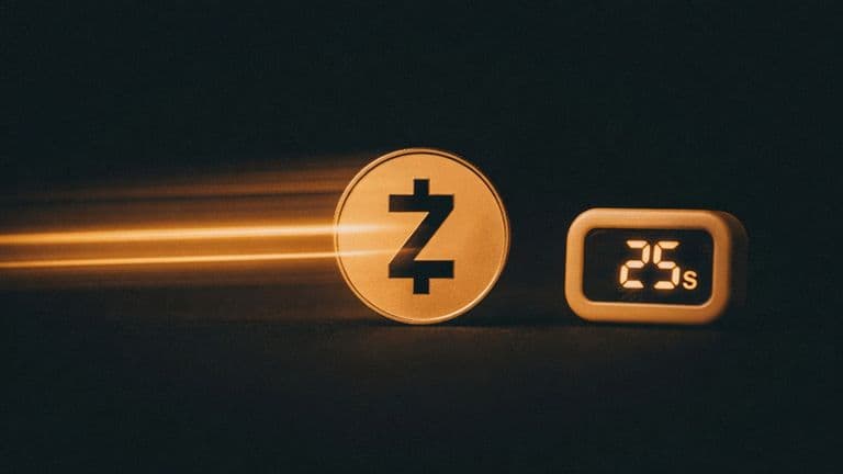 A coin bearing the Zcash mark streaks past a small digital display that reads 25.