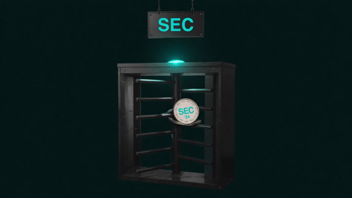A heavy turnstile gate with a single coin wedged in its arms beneath a regulator's mark.