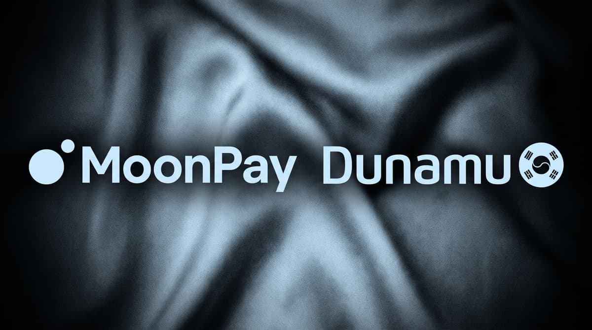 The names MoonPay and Dunamu with their logos, side by side over soft folds of silk.