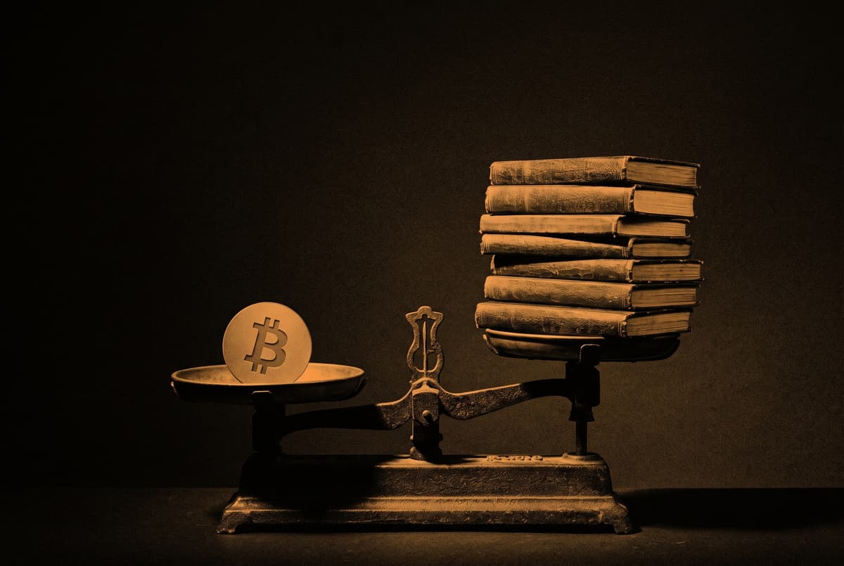 A balance scale tips down on one side under a single Bitcoin coin while a tall stack of ledger books rides high on the other.