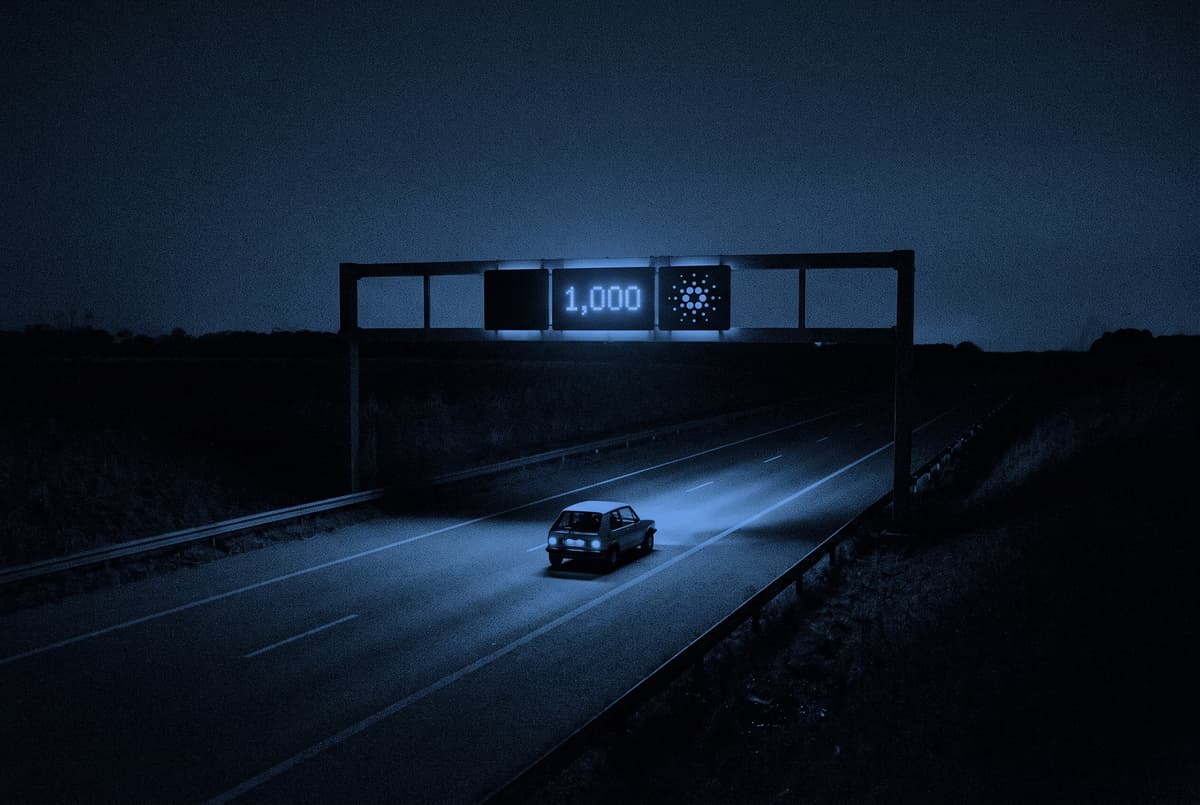 A road gantry with a display reading 1,000 and the Cardano mark hangs over an empty lane with one small car beneath it.