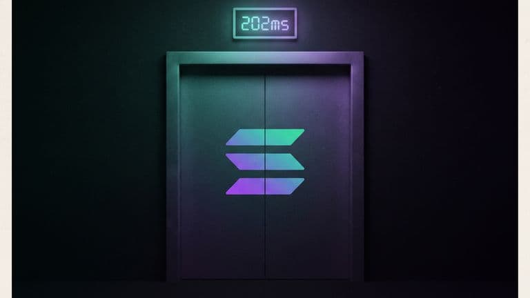 A closed lift door bearing the Solana logo, with a display above it reading 202ms.
