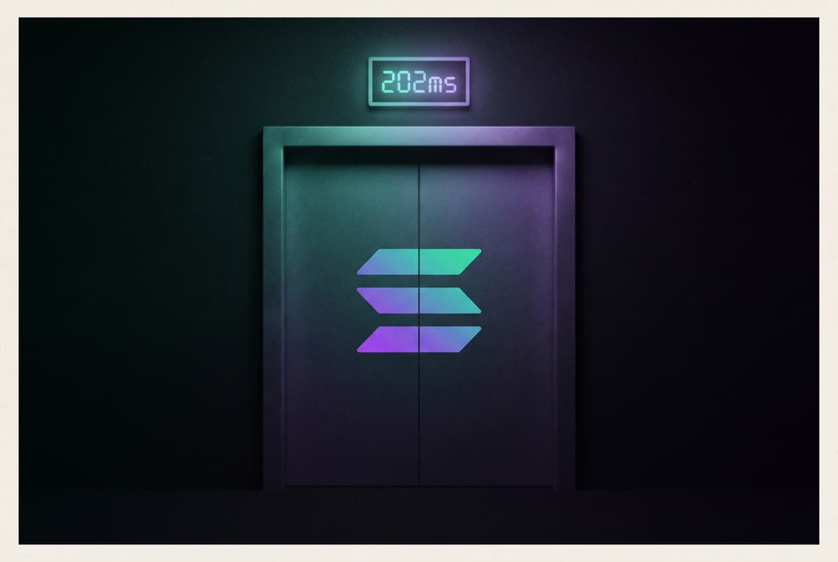 A closed lift door bearing the Solana logo, with a display above it reading 202ms.