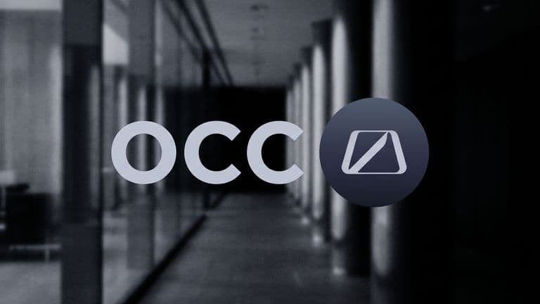 The letters OCC and the regulator's logo in pale type, centred over a blurred glass corridor of columns.