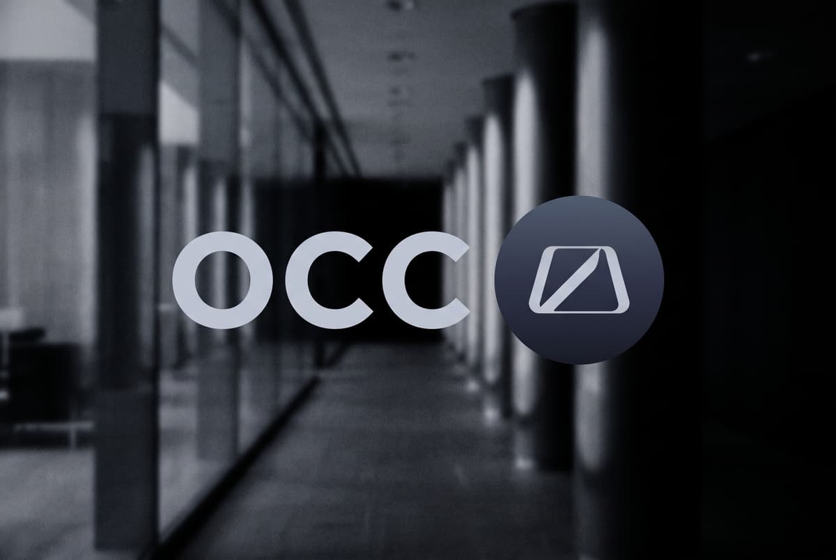 The letters OCC and the regulator's logo in pale type, centred over a blurred glass corridor of columns.