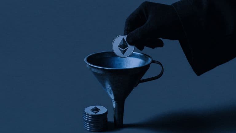 A giant hooded hand drops a coin bearing the Ether mark into a dark funnel, with a small stack of Ether coins beside it.