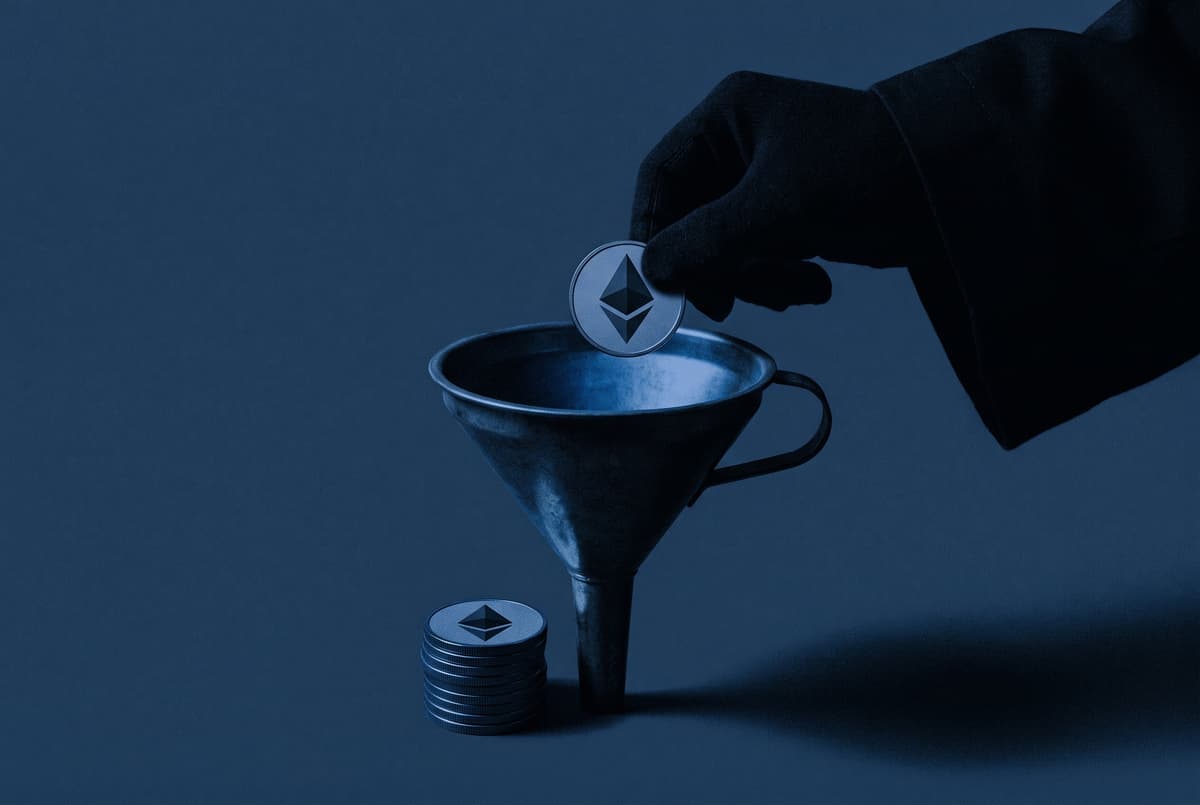 A giant hooded hand drops a coin bearing the Ether mark into a dark funnel, with a small stack of Ether coins beside it.