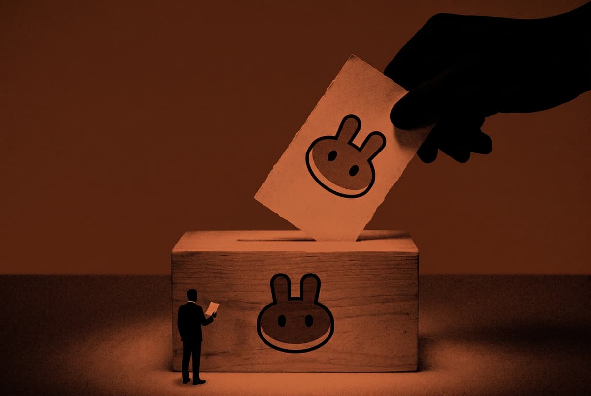 A giant hand drops an oversized CAKE-marked slip into a ballot box bearing the PancakeSwap logo while a tiny suited figure holds a small slip beside it.