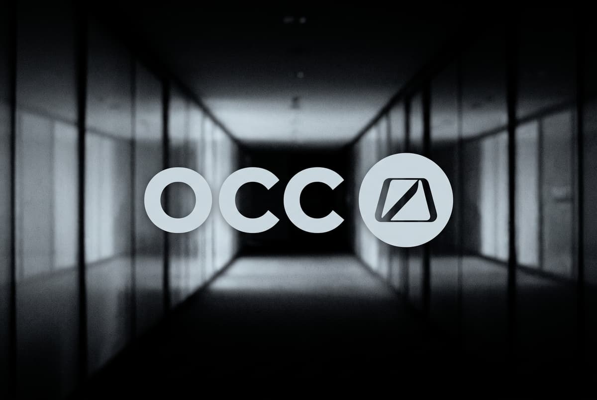 The letters OCC and the regulator's logo, centred in large pale letters over a softly blurred glass corridor in midnight navy blue.