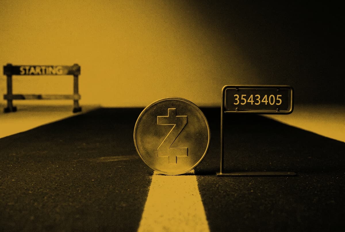 A Zcash coin stands upright on a painted starting line on a dark road, beside a small sign with the number 3543405, with an unfinished starting gate behind it.