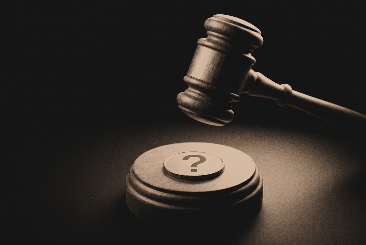 A wooden gavel raised above a plain coin marked with a question mark.