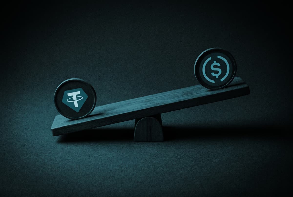 A tilted seesaw with a USDT coin weighing down the low end and a USDC coin lifted on the high end.