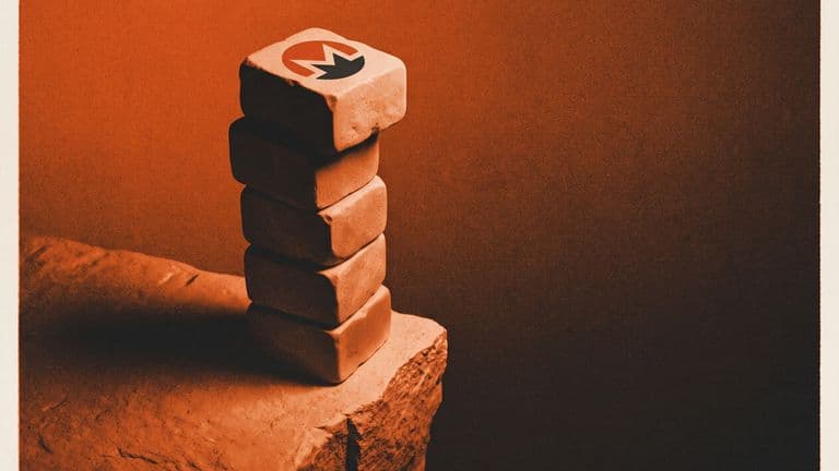 A tall stack of blocks marked with the Monero logo teeters on the edge of a narrow ledge above a dark drop.