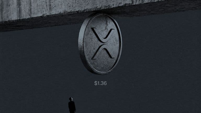 A coin carrying the XRP mark rests against the underside of a heavy ceiling slab while a tiny silhouette watches from the ground below.