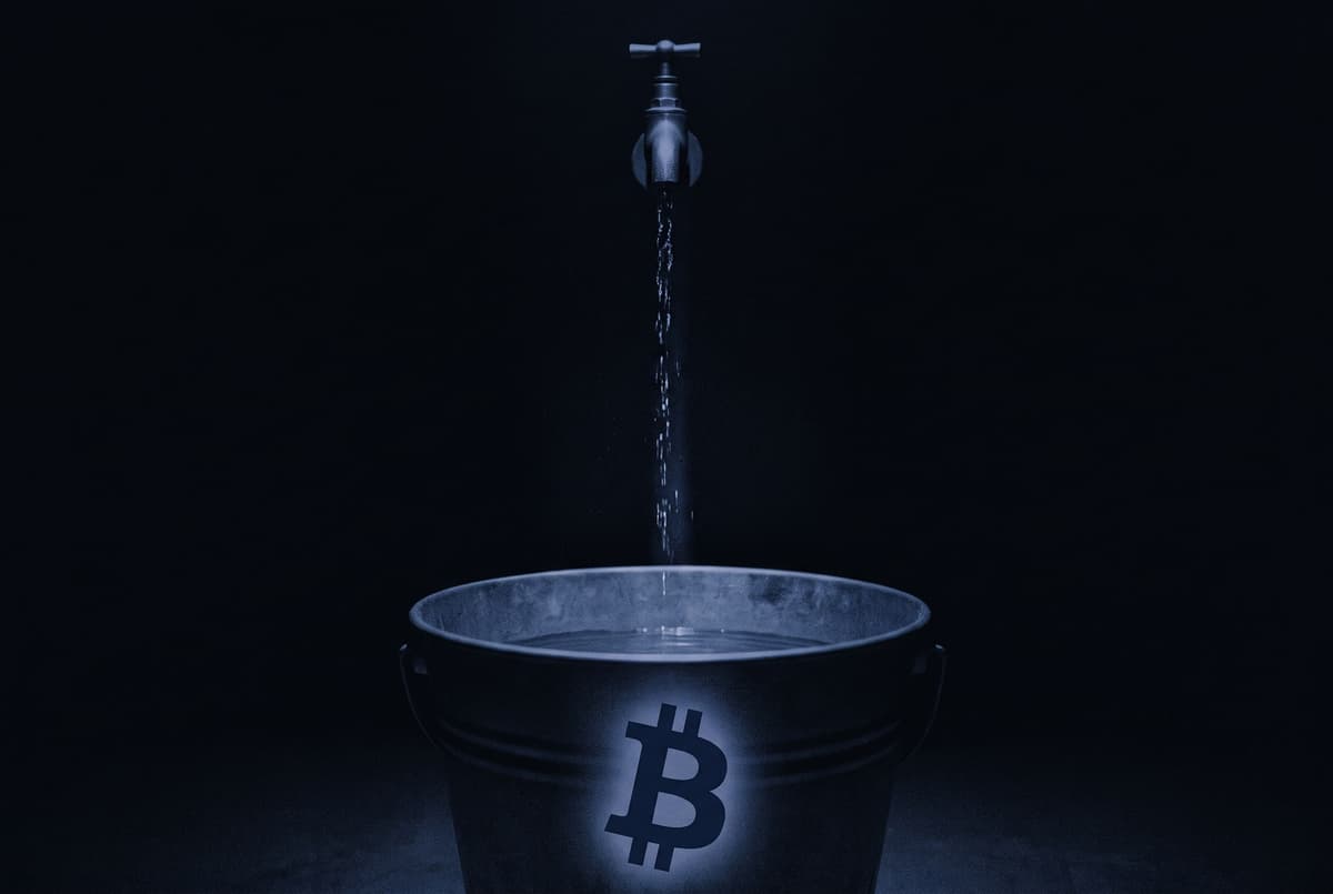 A thin stream of water falls from a tap into a large bucket marked with the Bitcoin symbol that holds only a little water at the bottom.