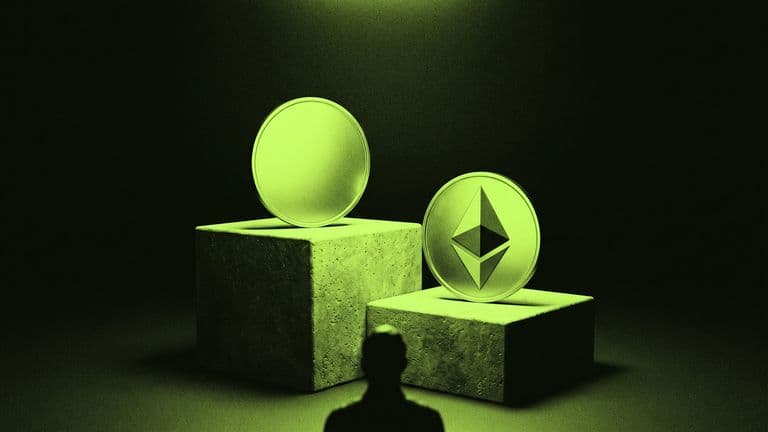 A blank coin stands on the top step of a two-step podium, above a coin with the Ethereum mark on the lower step.
