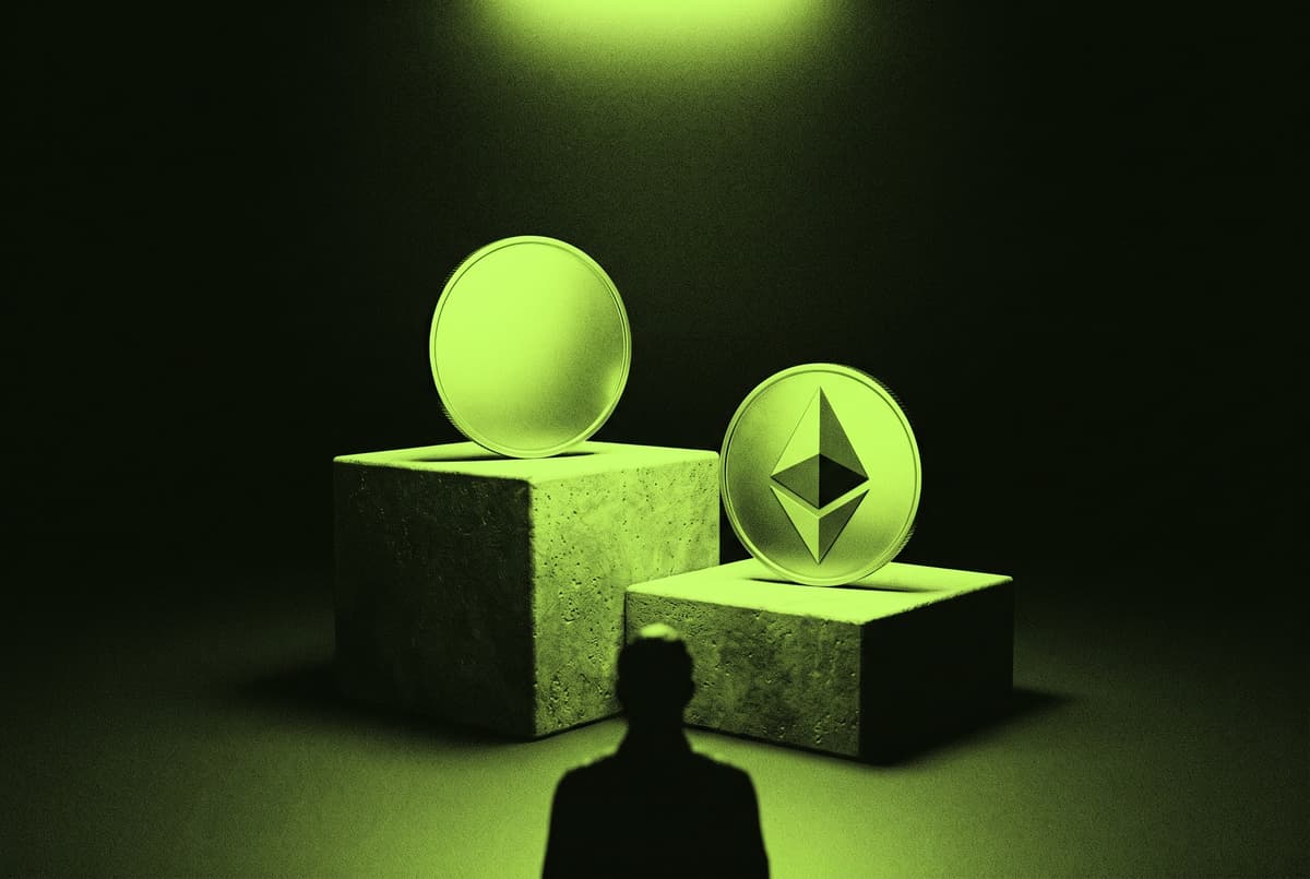 A blank coin stands on the top step of a two-step podium, above a coin with the Ethereum mark on the lower step.