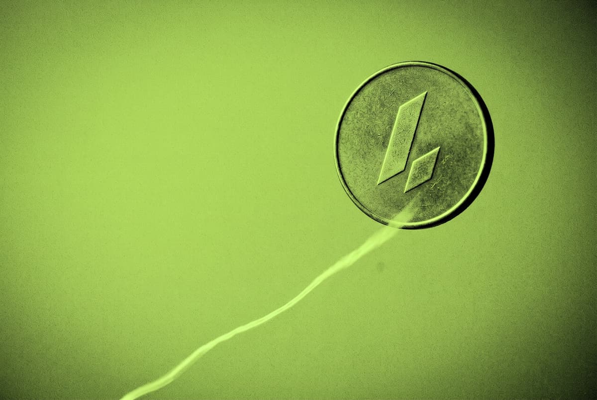 A single coin climbs to the upper right of a flat green background, trailing a long diagonal streak of light behind it.
