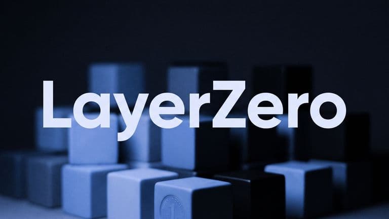 The word LayerZero in large pale letters centred over blurred rows of stacked cubes on a dark blue background.
