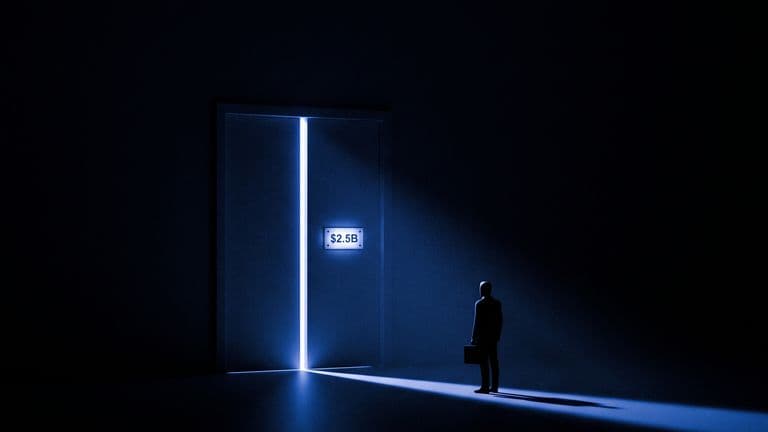A tall door almost closed in the dark, a thin line of blue light through the gap and a small $2.5B plate on it, while a small suited figure with a briefcase waits outside.
