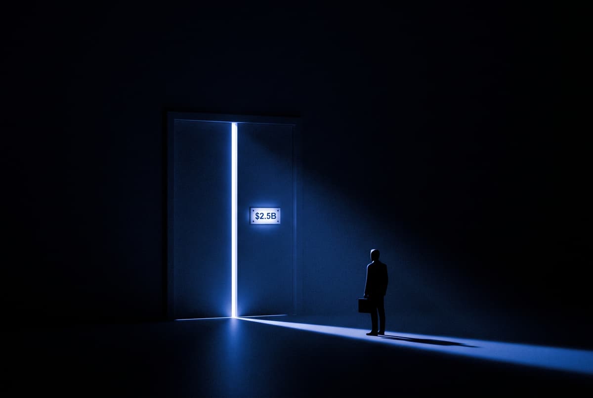 A tall door almost closed in the dark, a thin line of blue light through the gap and a small $2.5B plate on it, while a small suited figure with a briefcase waits outside.