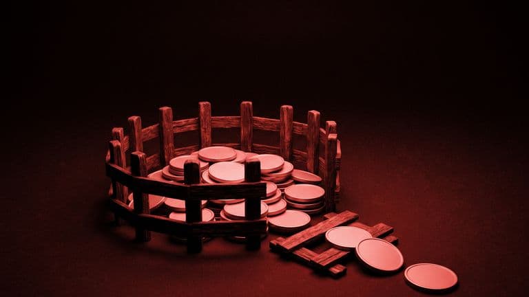 A pile of plain coins inside a small round wooden fence that has one panel knocked flat, with a few coins rolling out through the gap.