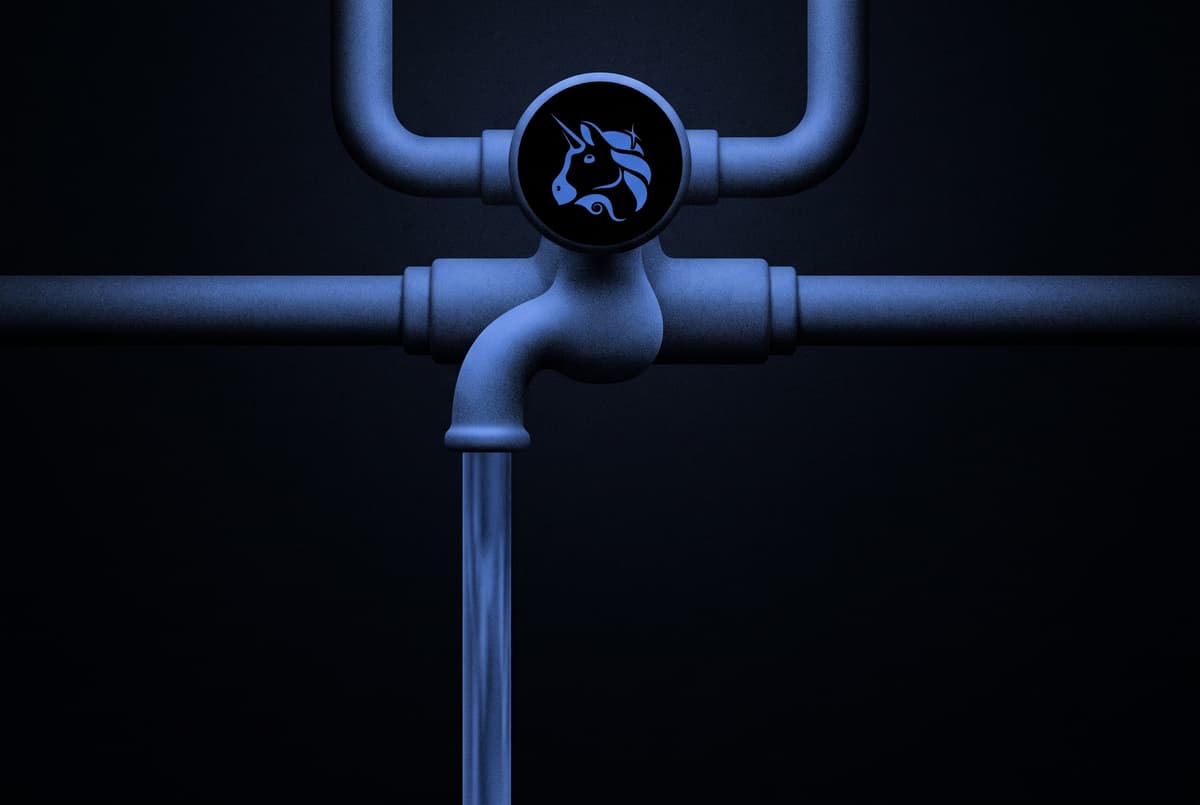 A water tap marked with the Uniswap logo, fed by several pipes joining from the dark, pours one steady stream of water.