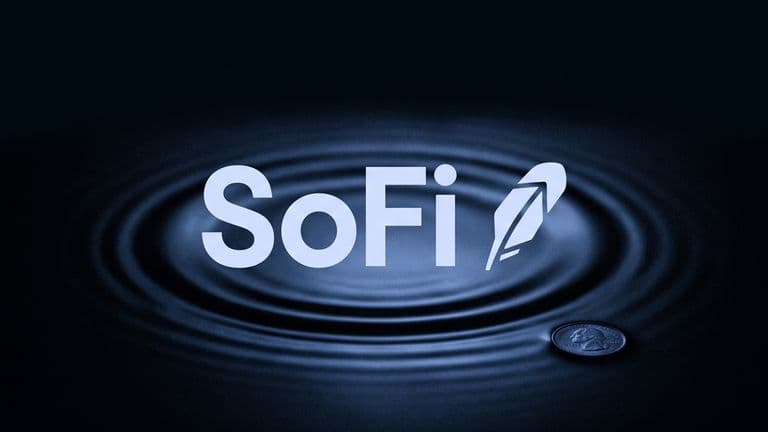 The name SoFi in large pale letters beside its logo, floating over a dark, still pool of water with one slow ripple spreading outward, in blue and black.