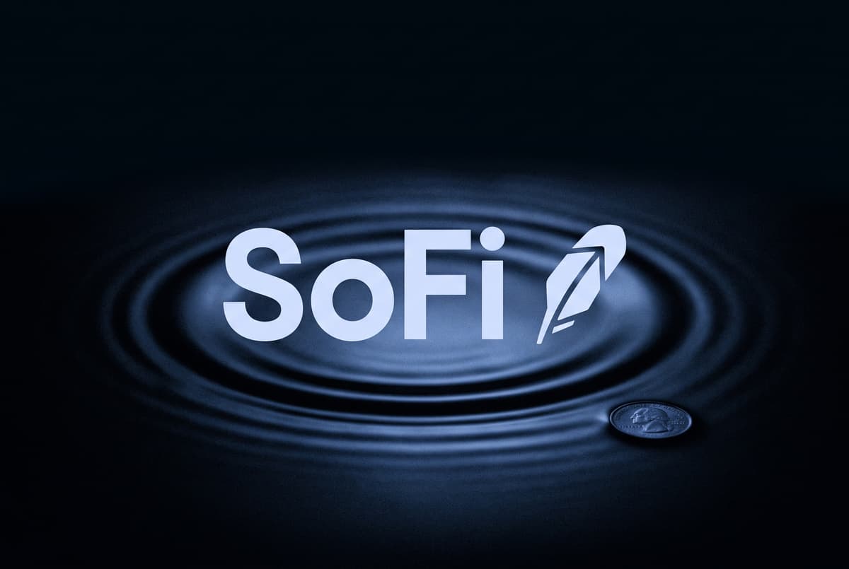 The name SoFi in large pale letters beside its logo, floating over a dark, still pool of water with one slow ripple spreading outward, in blue and black.