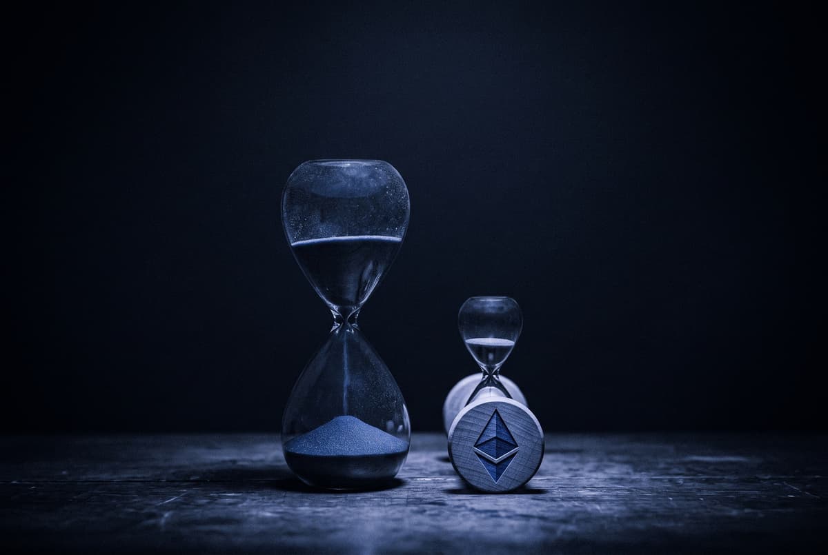A tall hourglass stands beside a much smaller hourglass marked with the Ethereum logo, sand running through both in a dark blue scene.