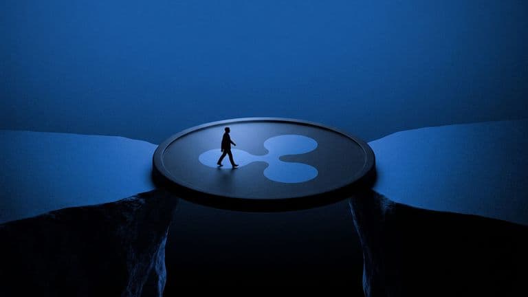 A small suited figure walks across a giant coin with the RLUSD mark that is laid like a bridge over a dark chasm between two cliffs.