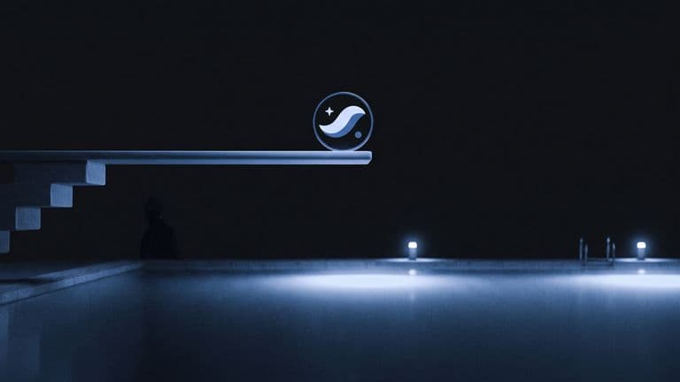 A coin with the Starknet mark stands at the very tip of a high diving board, looking down at a dark pool far below.