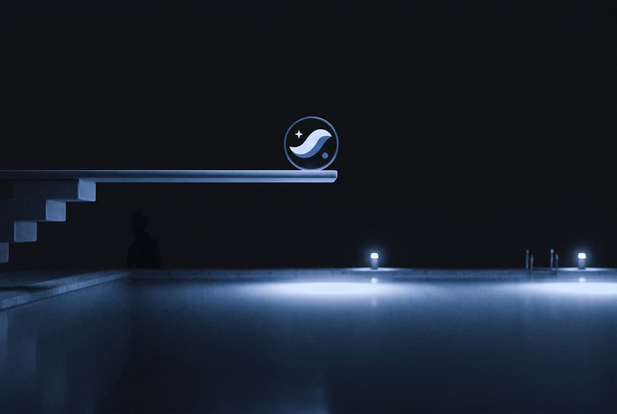 A coin with the Starknet mark stands at the very tip of a high diving board, looking down at a dark pool far below.