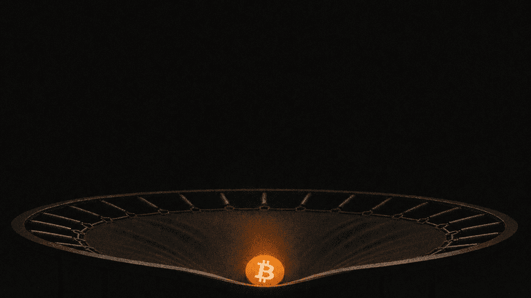 A coin with the Bitcoin mark sits in the deepest dip of a stretched trampoline mat against a dark background.