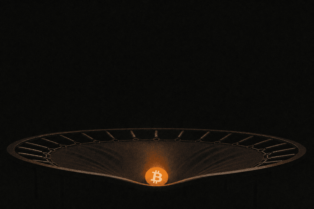 A coin with the Bitcoin mark sits in the deepest dip of a stretched trampoline mat against a dark background.