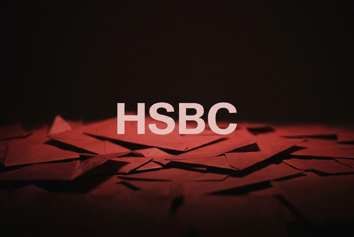 The word HSBC in large pale letters over a blurred heap of red paper envelopes against a dark background.