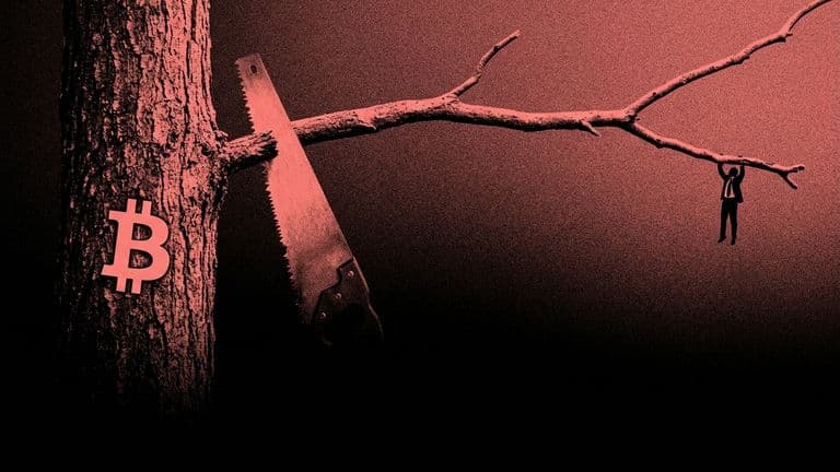 A giant saw cuts through a long branch where a small suited figure clings, while the tree trunk bearing the Bitcoin mark stands firm.