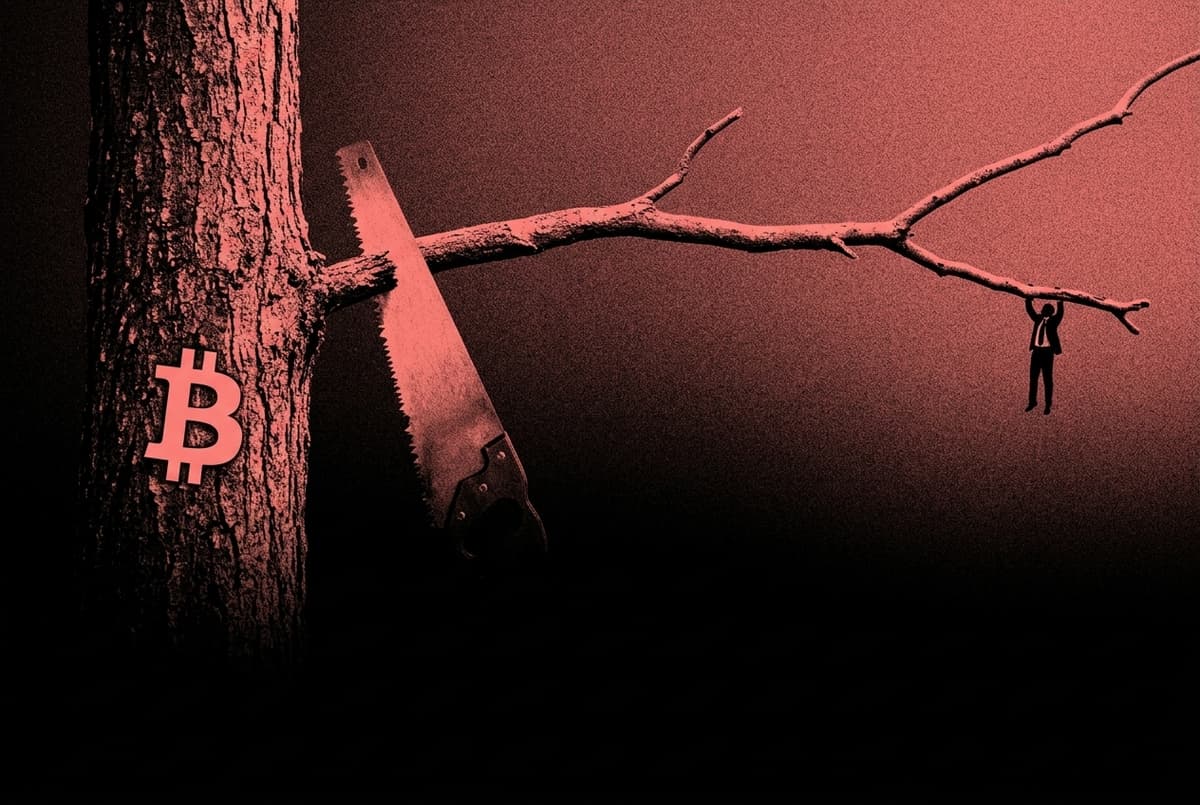 A giant saw cuts through a long branch where a small suited figure clings, while the tree trunk bearing the Bitcoin mark stands firm.
