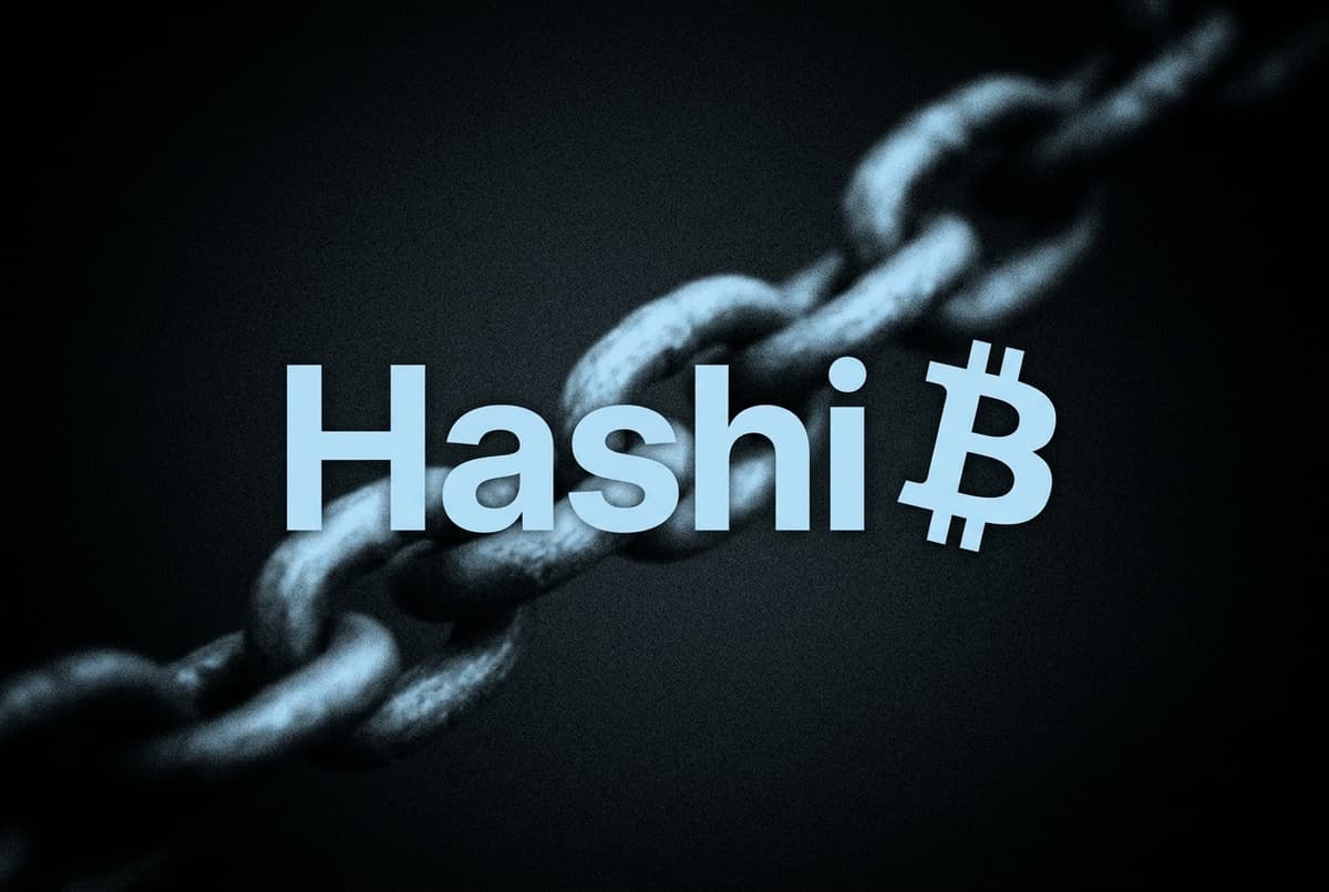 The word Hashi and the Bitcoin symbol in pale blue, side by side over a blurred heavy anchor chain on a dark background.