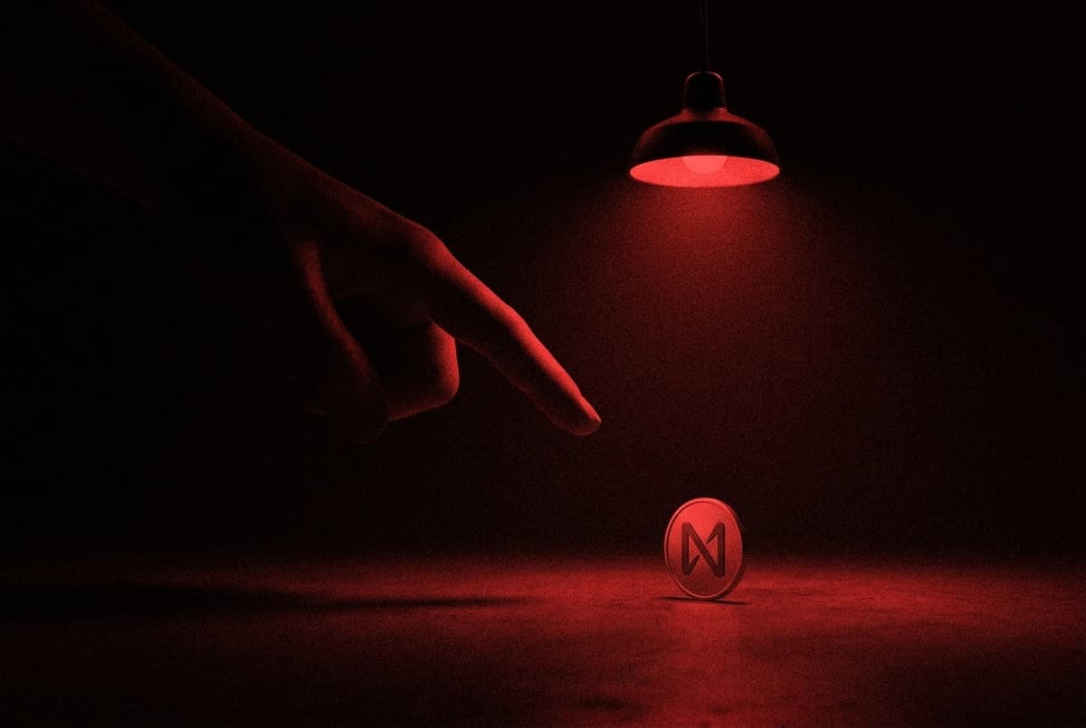 A giant hand reaches out of the darkness and points at a small coin bearing the NEAR mark, which stands alone under a single lamp.