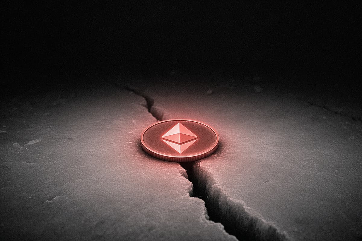 A coin with the Ethereum mark lies on a sheet of ice as a single crack spreads out from underneath it into the dark.