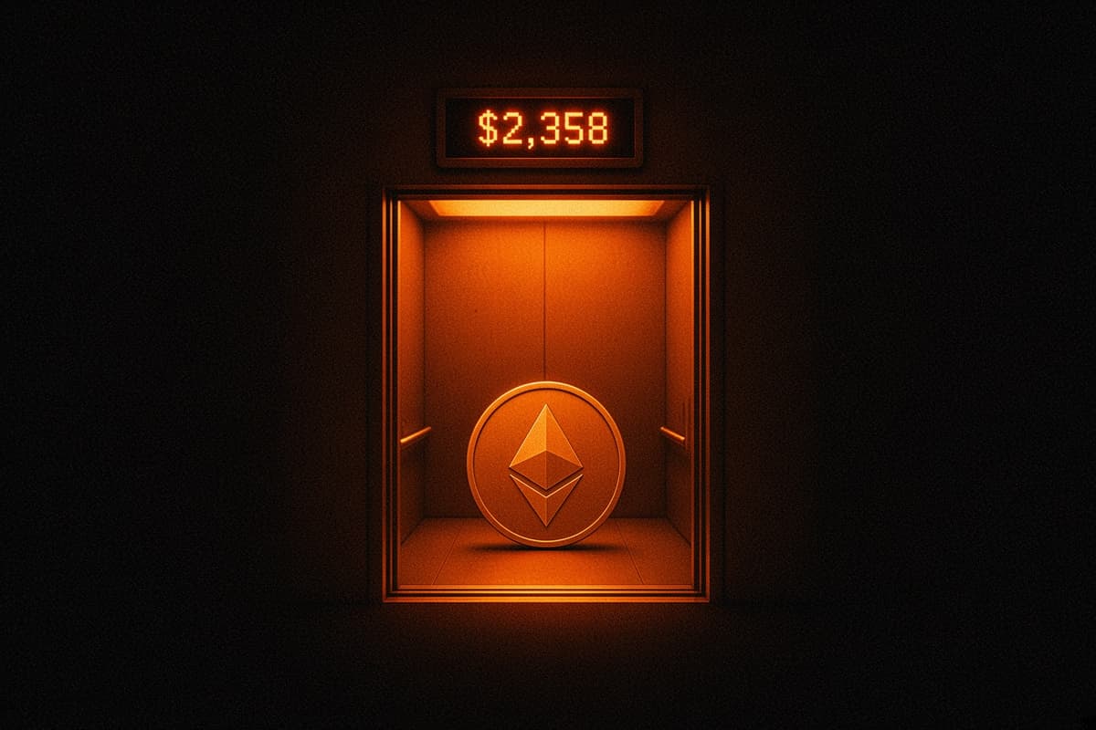 A coin with the Ethereum mark stands alone in a lift stopped halfway between two floors, with a small display above the doors glowing $2,358.