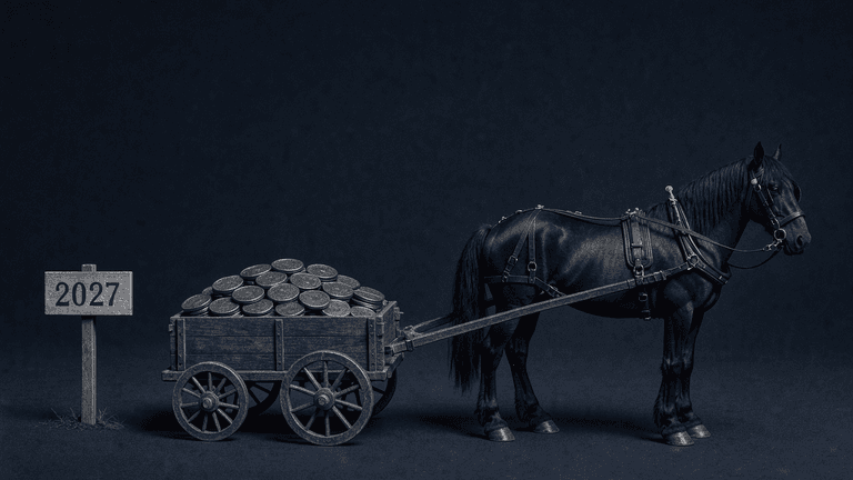 A wooden cart heaped with coins stands in front of the horse meant to pull it, both pointing toward a small signpost reading 2027.