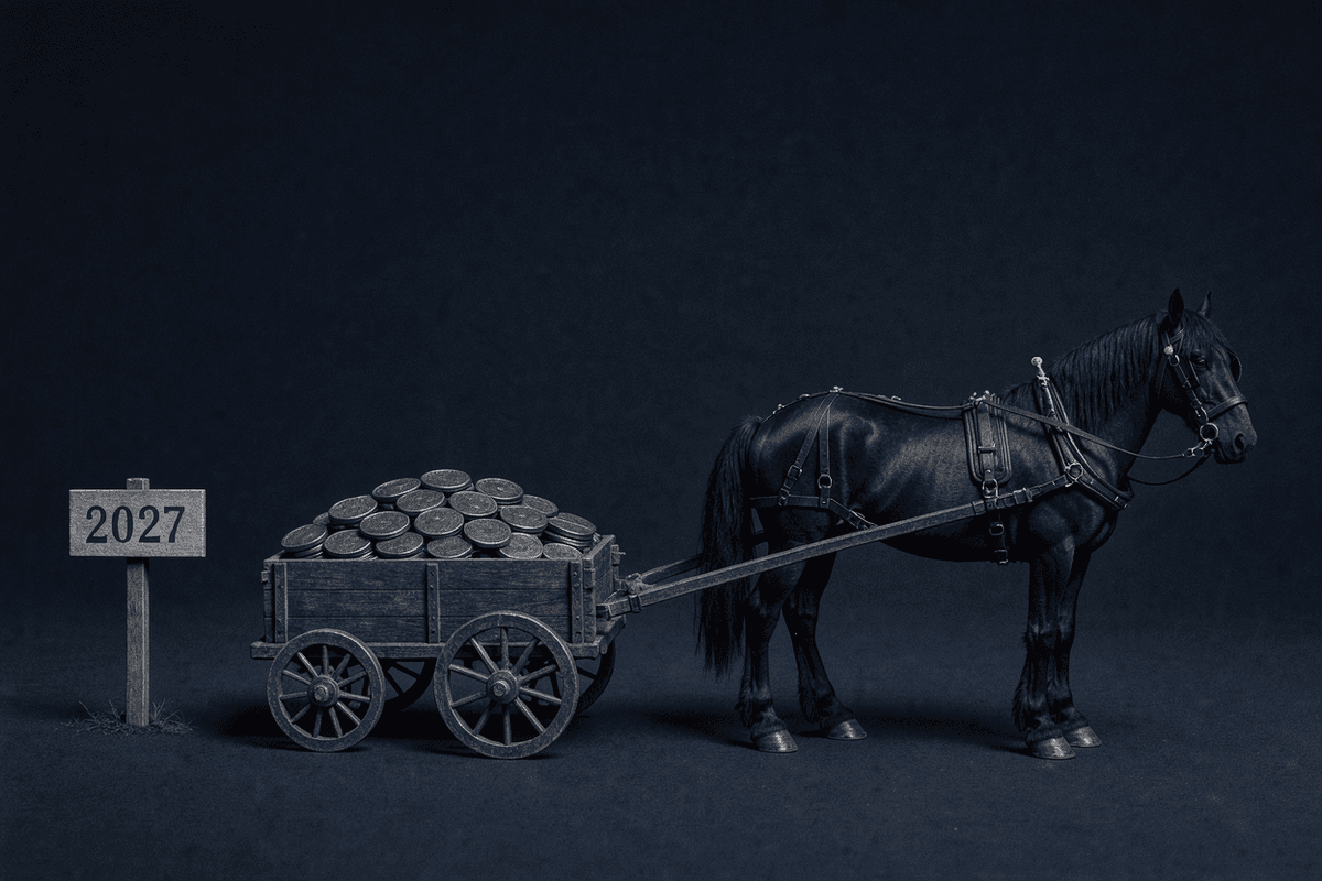 A wooden cart heaped with coins stands in front of the horse meant to pull it, both pointing toward a small signpost reading 2027.