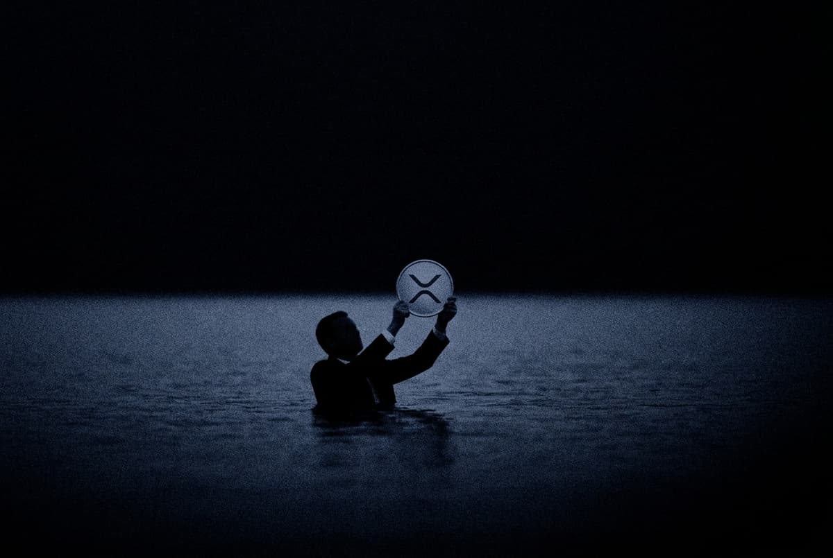 A small suited silhouette stands chest-deep in dark water, holding a coin with the XRP mark above the surface.