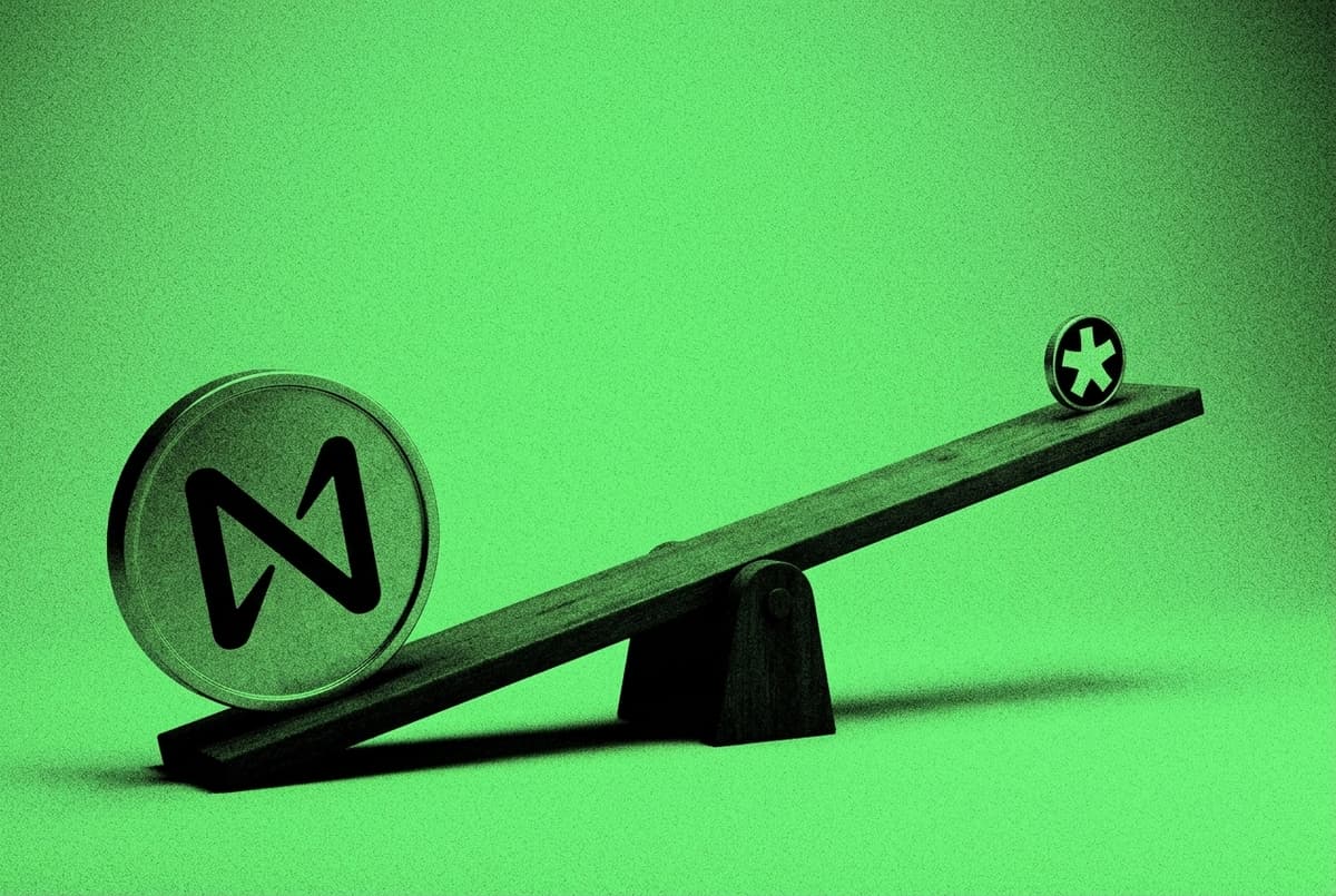A small coin perched high on one end of a seesaw while a giant coin weighs down the other end, on a flat green background.